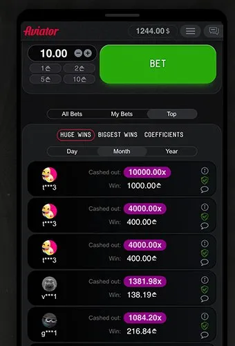 Aviator Top wins leaderboard showing large cashed-out multipliers