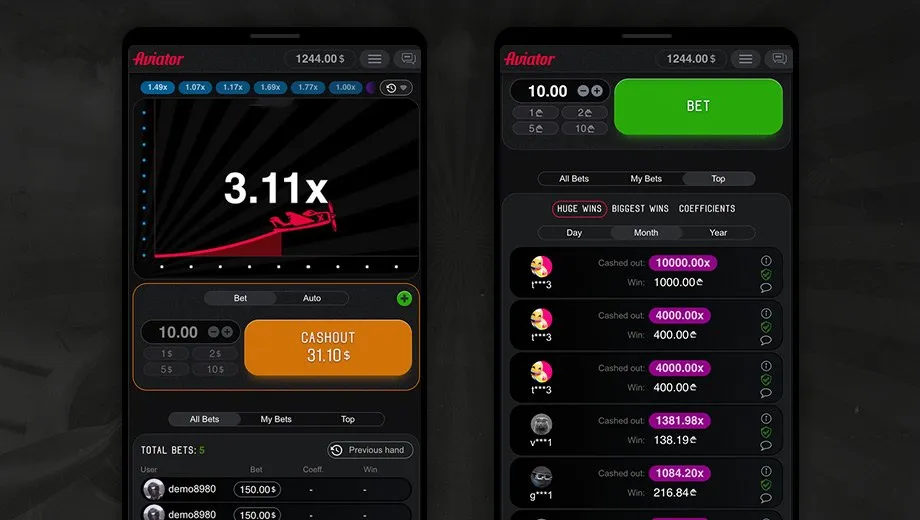 Aviator in fun mode on two phones — the orange Cash Out button and the Top wins leaderboard
