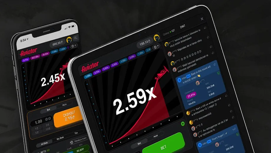 Aviator running on a phone and a tablet with the live chat open