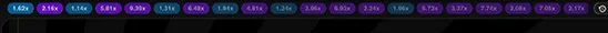 Aviator history bar of recent crash multipliers in blue, purple and pink